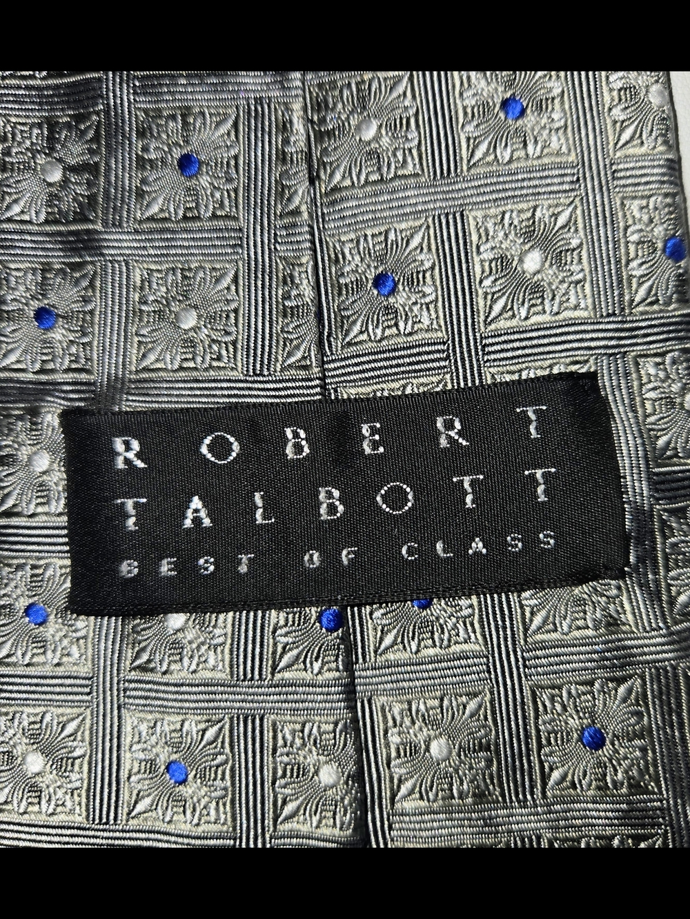 Robert Talbott's Gray Geometric Patterned White & Blue Dot 100% Silk Mens Tie - Picture 4 of 7